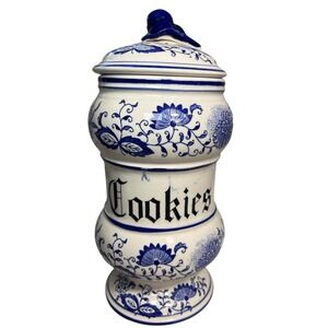 Vintage Arnart Blue Onion Ceramic Cookie Jar Container, Canister 1950's